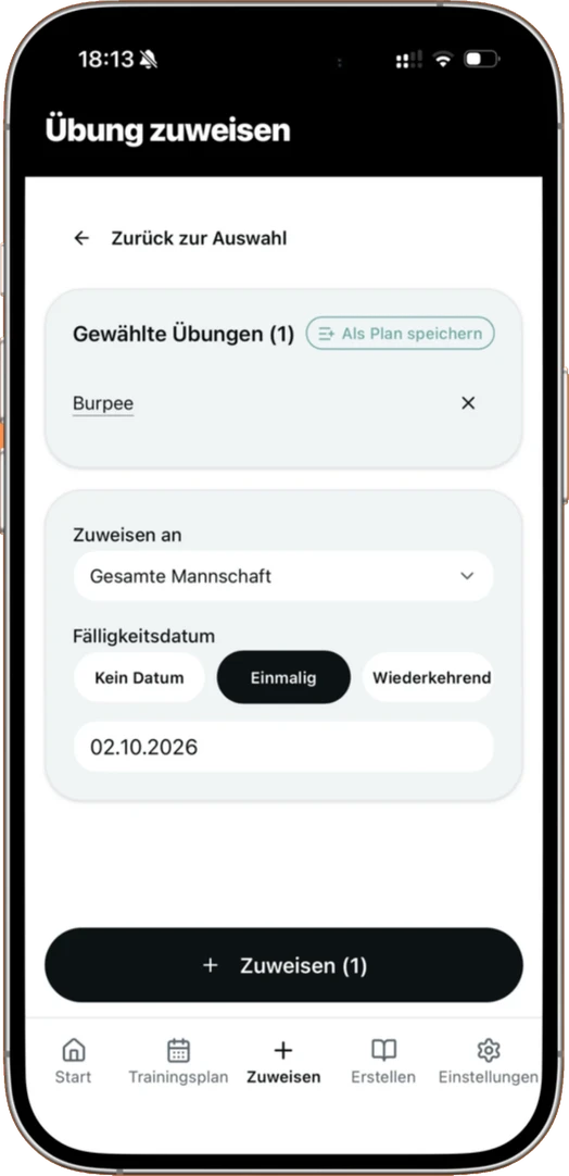 Übung in der TrainBack App mit Fälligkeitsdatum zuweisen
