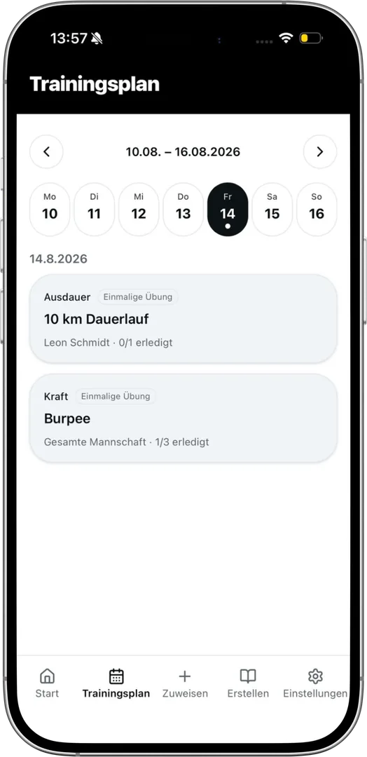 Trainingsplan des Funktionsteams in der TrainBack App