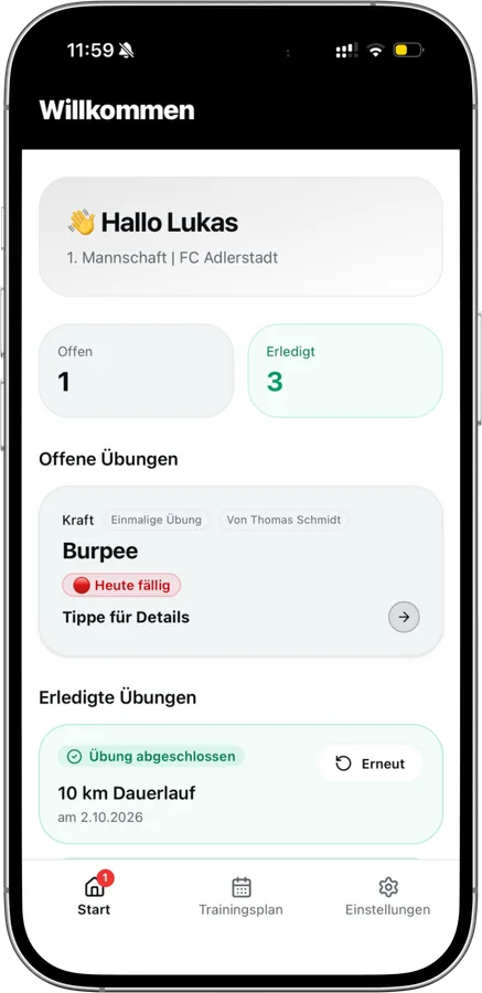 Heutige Übungen in der TrainBack App