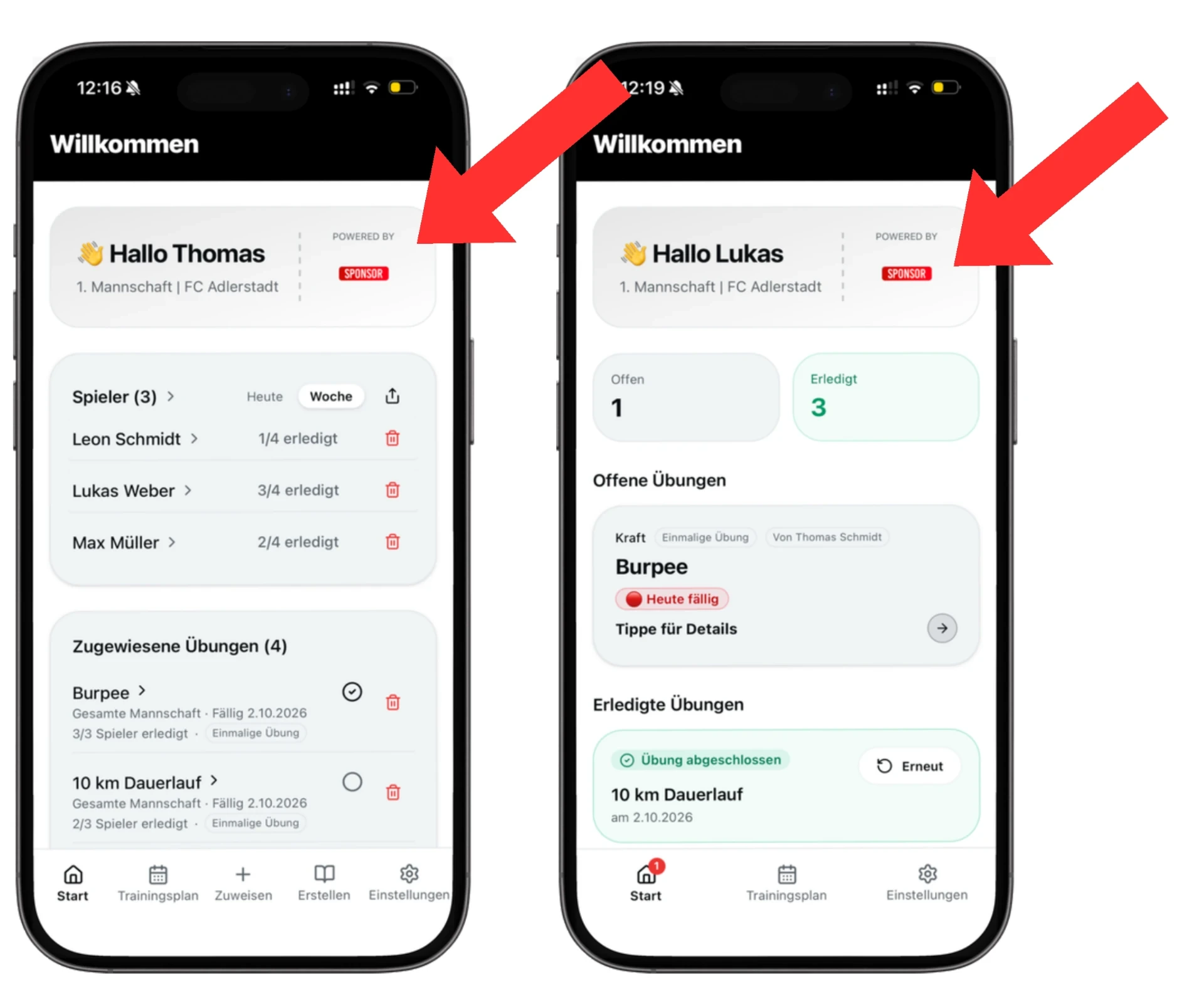 Sponsorenlogo auf der Startseite der TrainBack App bei Funktionsteam und Spielern