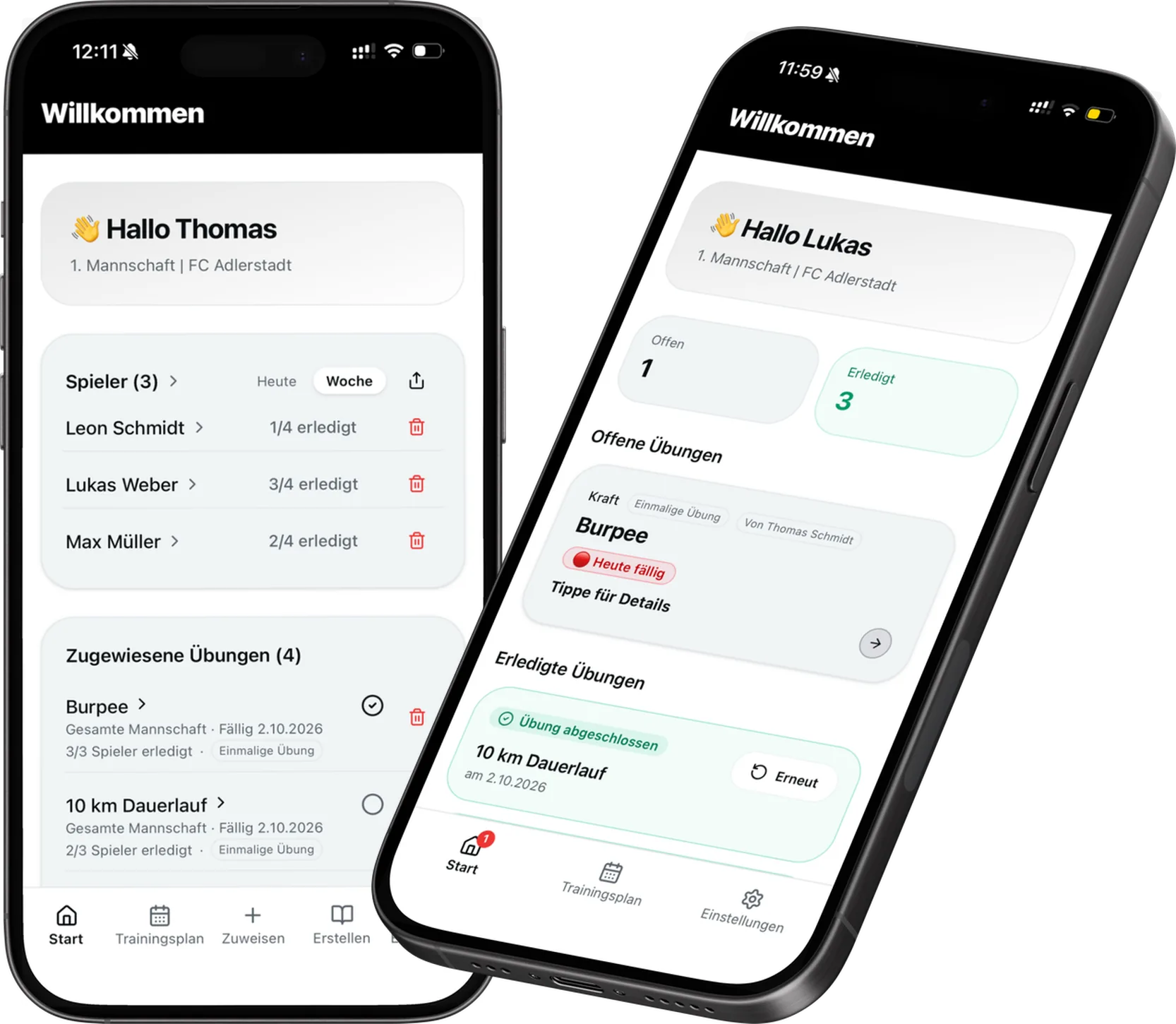 TrainBack App: Trainer-Ansicht mit Spielerübersicht und Spieler-Ansicht mit offenen Übungen