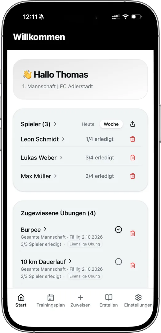 Startseite der TrainBack App mit Spielern und zugewiesenen Übungen